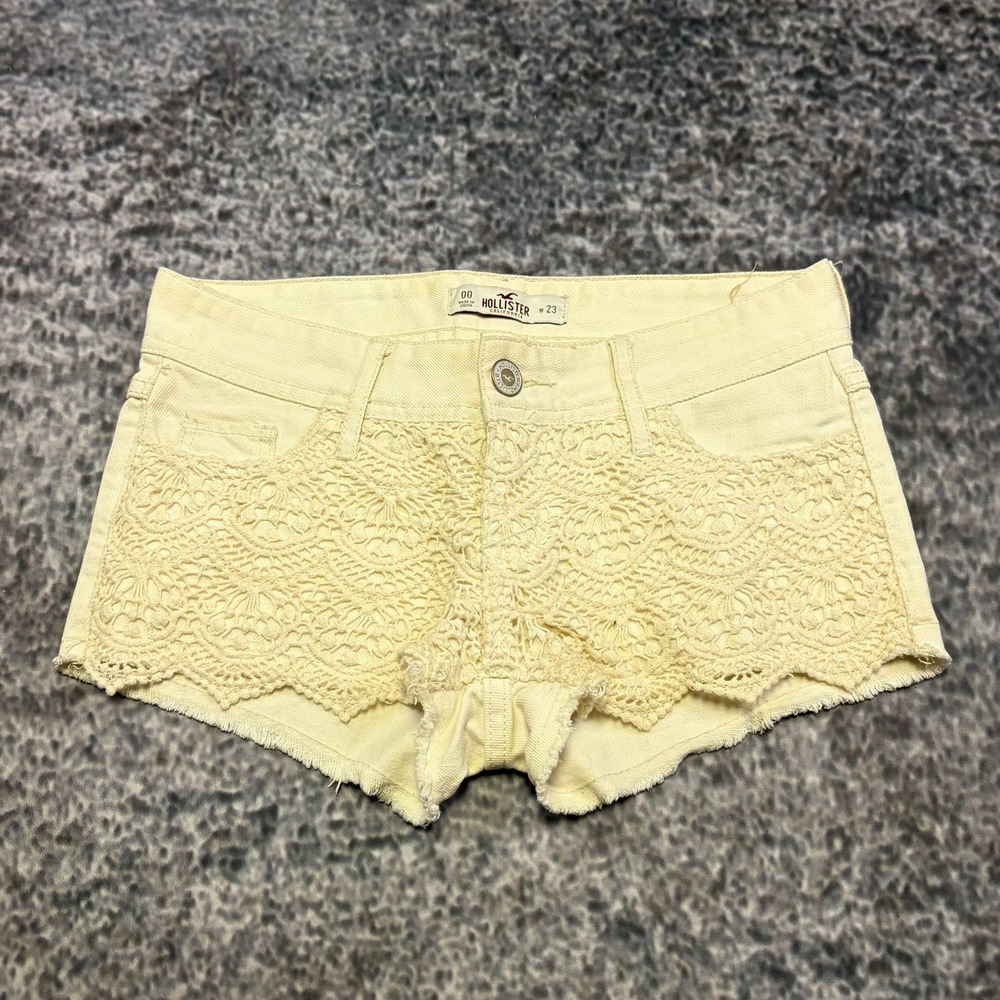 Hollister Shorts Denim‎ Womens 00 (28") Cream Front Lace Mini Micro Booty Summer